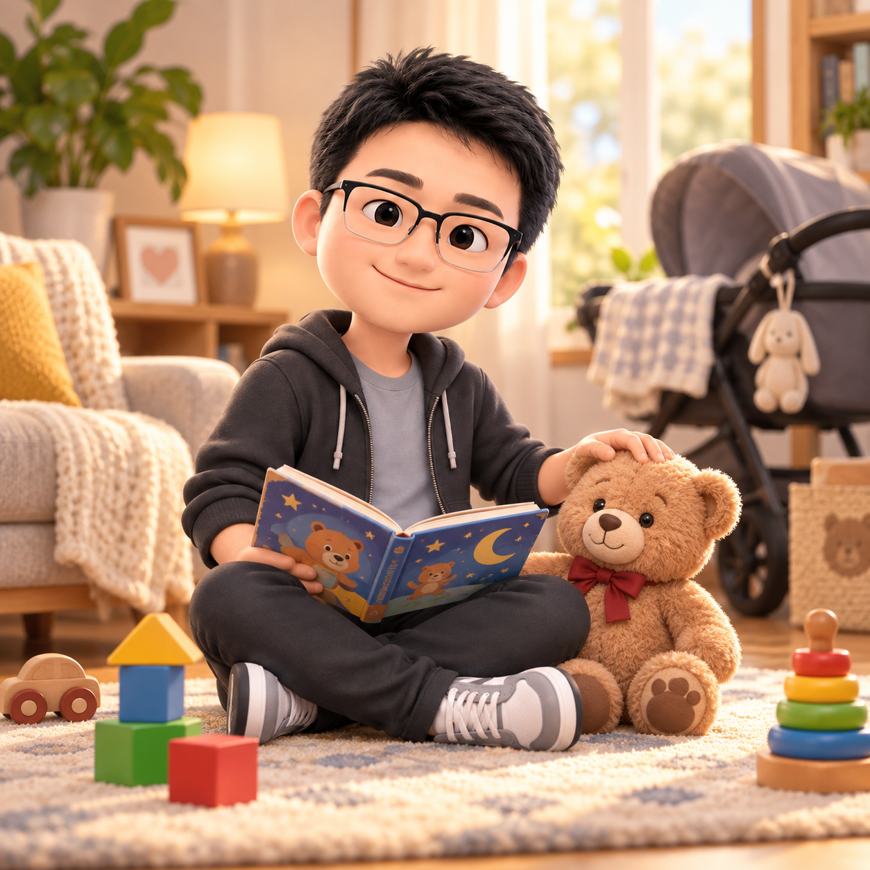 3D cartoon Carson sitting next to a fluffy cat