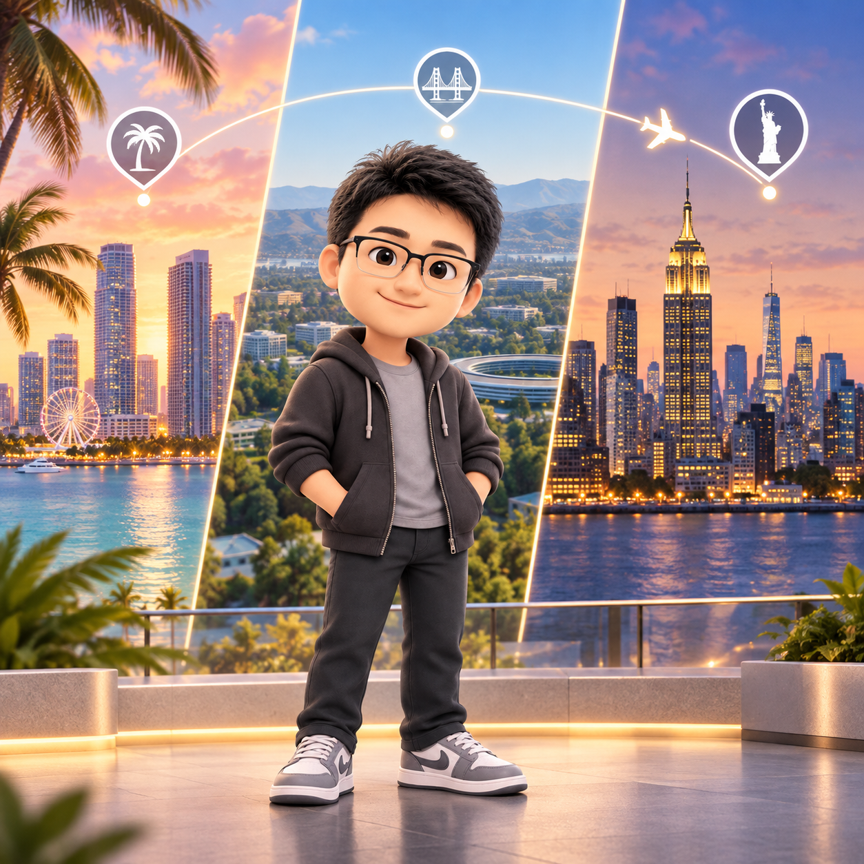 3D cartoon Carson with line-art city landmarks
